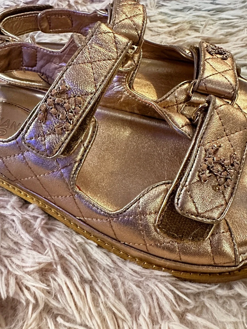 Chanel Iridescent Lambskin Quilted Velcro Dad Sandals in Light Bronze Size 40